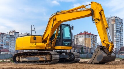 Yellow excavator working on construction site in urban area with buildings in the background, showcasing machinery during daylight