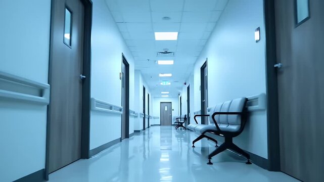Low angle view of a deserted medical center corridor, an empty waiting room in a clean, modern building interior.