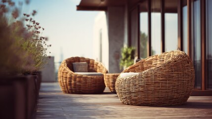 Fototapeta premium wicker furniture on a wooden terrace of modern house no logos no brands ar 169