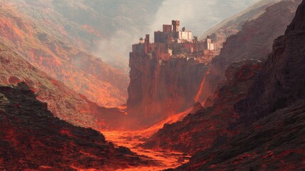 Majestic Fortress Surrounded by Red Lava Flows in the Heart of a Volcanic Crater Landscape
