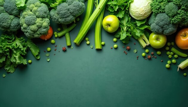 Flat lay of fresh, organic vegetables including broccoli, lettuce, cucumber, avocado on green background. Includes green apples, tomato, celery, herbs, creating vibrant, healthy food concept for