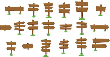 Cartoon wooden signboard collection for game UI, map interface, outdoor guide, or trail marker with grass, arrows, blank boards, and directional signs. © Masum Creatives