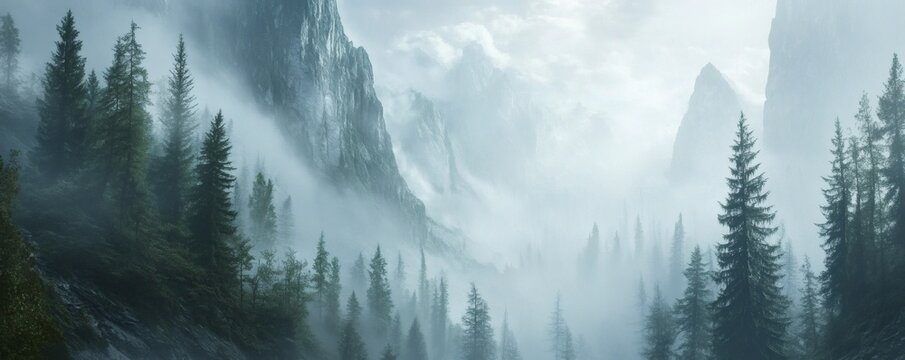 A dense misty forest with mountainous regions and towering trees