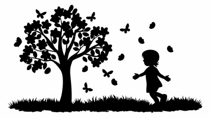 Silhouette of a girl reaching out to butterflies near a tree with flowers in a grassy field scene | editable eps vectors