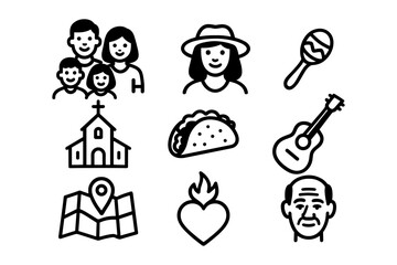 Family, culture, and travel icons collection: simple black outline style