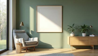 Comfortable armchair and side table next to window with natural light. Wooden sideboard with plants and lamp. Modern interior design with green wall and framed picture.