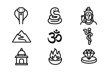 Indian culture icons: snake, shiva, om, and more in minimalist line art style