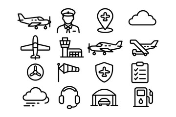 Aviation icons set: line art of planes, pilot, airport, and travel elements