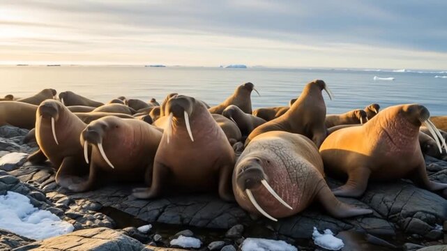 Large Group of Walruses on a Sandy Beach in Arctic Landscape