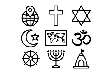 Religious symbols collection: global faith icons line art