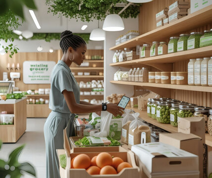 Exploring a sustainable grocery store filled with fresh produce and eco-friendly products in a vibrant urban setting