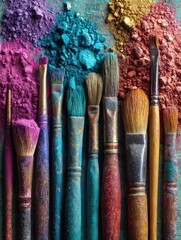 various paintbrushes of different sizes and colors are arranged in a row with scattered powder pigments displaying a vibrant and artistic workspace setup