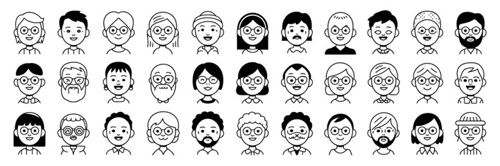 Big Set of Hand Drawn Faces – Multiracial Portraits in Black and White Ink Sketch – Asian, African, Caucasian, Indian, Arabian, American Ethnic Diversity

