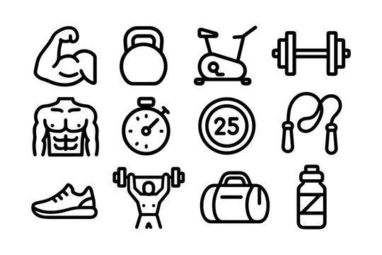 Fitness and gym equipment icons - outline design for exercise and workout themes