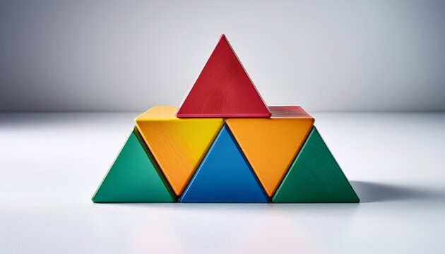 colorful triangular blocks stacked to form a pyramid on a white surface