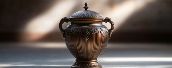 An ornate bronze urn with a lid and elaborate decorative elements