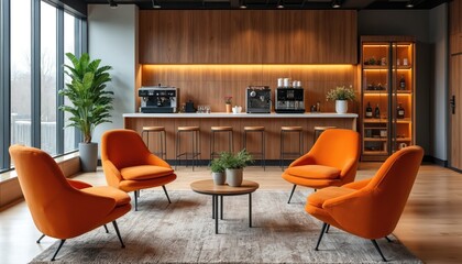 Modern office coffee break area features several coffee machines, vibrant orange lounge chairs. Space includes long counter with stools, stylish wood cabinetry, abundant natural light from large