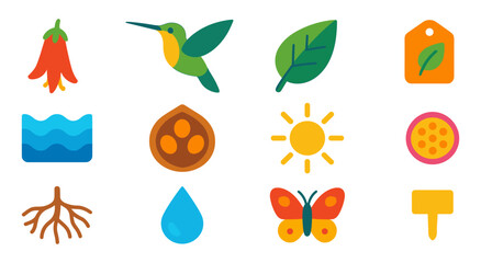 Colorful nature icons featuring hummingbird, butterfly, and leaf designs in flat style