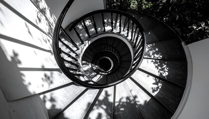 Spiral staircase, black and white, shadows