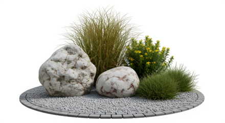 Rocks and ornamental grasses arranged on pebbled surface  isolate