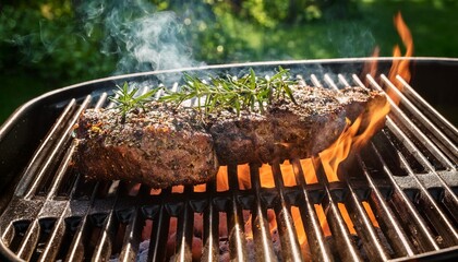 traditional cuisine meat grill outdoors with herbs and spices create rustic meal bar b q meat grill food smoke grilling