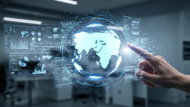 A futuristic digital interface with a globe and interactive elements. - Powered by Adobe