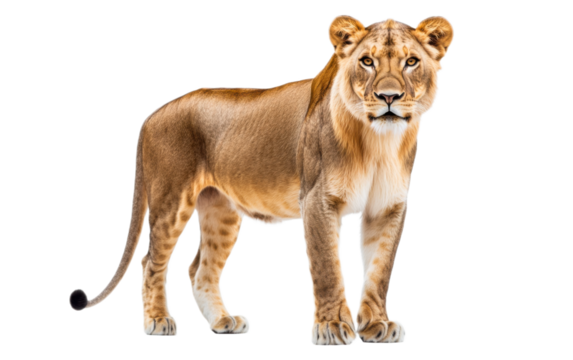 Big female lion isolated on white background, png