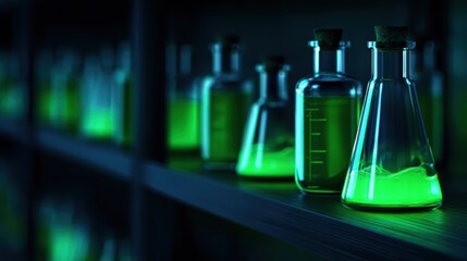 Glowing laboratory flasks filled with green liquid on dark shelves, creating a mysterious scientific atmosphere