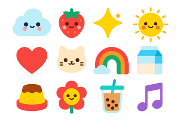 Adorable kawaii icons collection: cute characters and objects in flat style