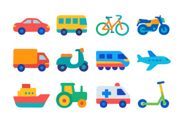 Colorful flat transport icons featuring vehicles, bicycles, and more