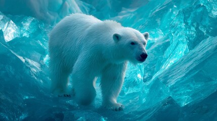 Polar Bear Walking Across Glowing Crystal Ice Landscape in Arctic Environment