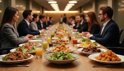 People in business attire enjoy a buffet meal at an office conference. A long table laden with diverse food options and drinks fosters collaboration and discussion during a work event.
