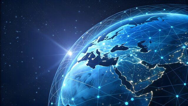 Digital network connecting the earth in space with glowing lights and stars