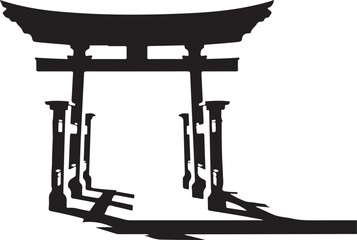 Black Silhouette of Large Torii Gate with Curved Top Beam Isolated on White Background