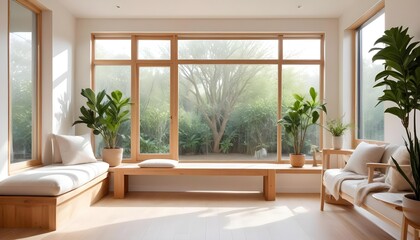 Fototapeta premium A bright living room with large windows, plants, and a garden view.