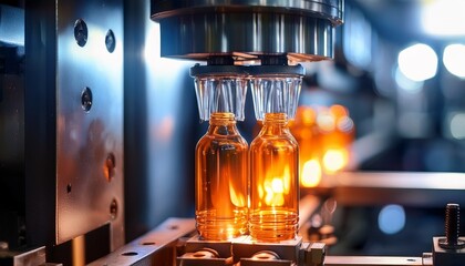 close up of plastic bottles being formed inside an injection molding machine showing the hot plastic material being shaped into precise bottle molds with space in the background for text