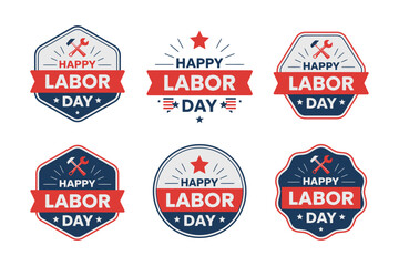 Happy Labor Day sticker set, red blue badge icons, USA patriotic vector, celebration label collection, American holiday design