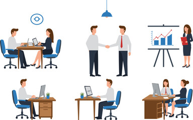Office teamwork scenes, business meeting illustration, corporate discussion concept, data presentation flat design, employee collaboration, digital work setup, coworking vector, people at desk