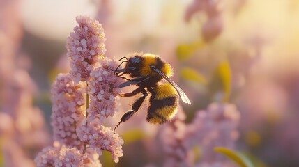 A bumblebee collecting pollen from pink flowers in a soft and dreamy outdoor setting with warm light
