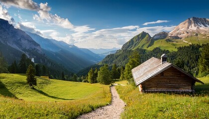 serene mountain vista a rustic cabin nestled in a lush alpine meadow with a winding path leading to breathtaking panoramic views