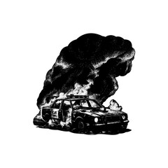 A detailed black and white illustration of a burning police car with thick smoke billowing into the air, depicting destruction and chaos in a gritty, graphic art style. © tya studio