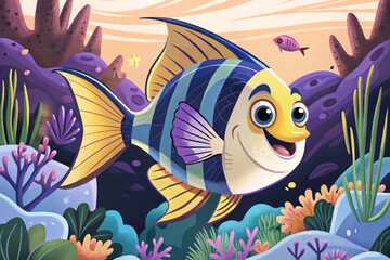 Fototapeta premium Angelfish gliding elegantly in calm blue reef waters, serene underwater moment cartoon wallpaper