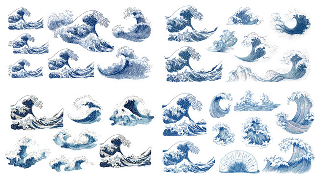  Japanese wave illustration set inspired by traditional ukiyo-e style, featuring dynamic ocean waves in blue ink and watercolor textures.