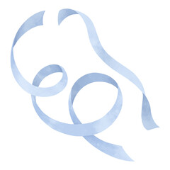 Hand-drawn watercolor blue ribbon isolated on white background. Decorative element in pastel tones for festive designs, greeting cards, invitations