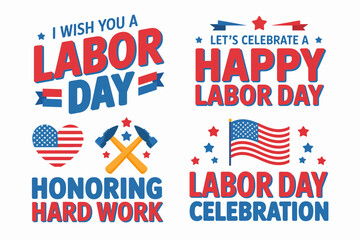 Labor Day USA badge set, patriotic gear and flag icons, American worker holiday, festive celebration vector, holiday emblem collection