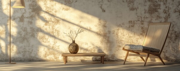 Obraz premium A sunlit interior shows furniture and decorative design elements