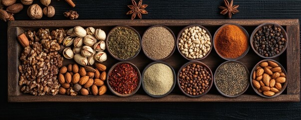 Assorted nuts spices and herbs neatly arranged in a wooden tray