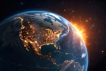 Earth at night with glowing cities and sunrise over north america from space