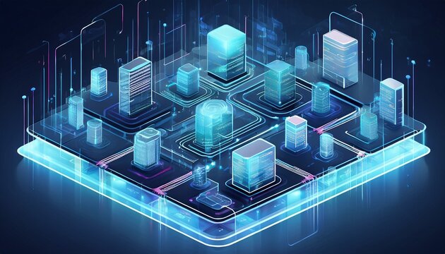 an isometric city with clean glass panels and data streams - Powered by Adobe