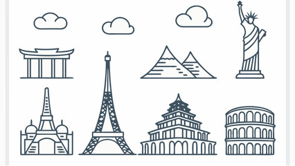 Obraz premium Illustration of iconic world landmarks including the eiffel tower the pyramids and the statue of liberty | editable eps vectors silhouette